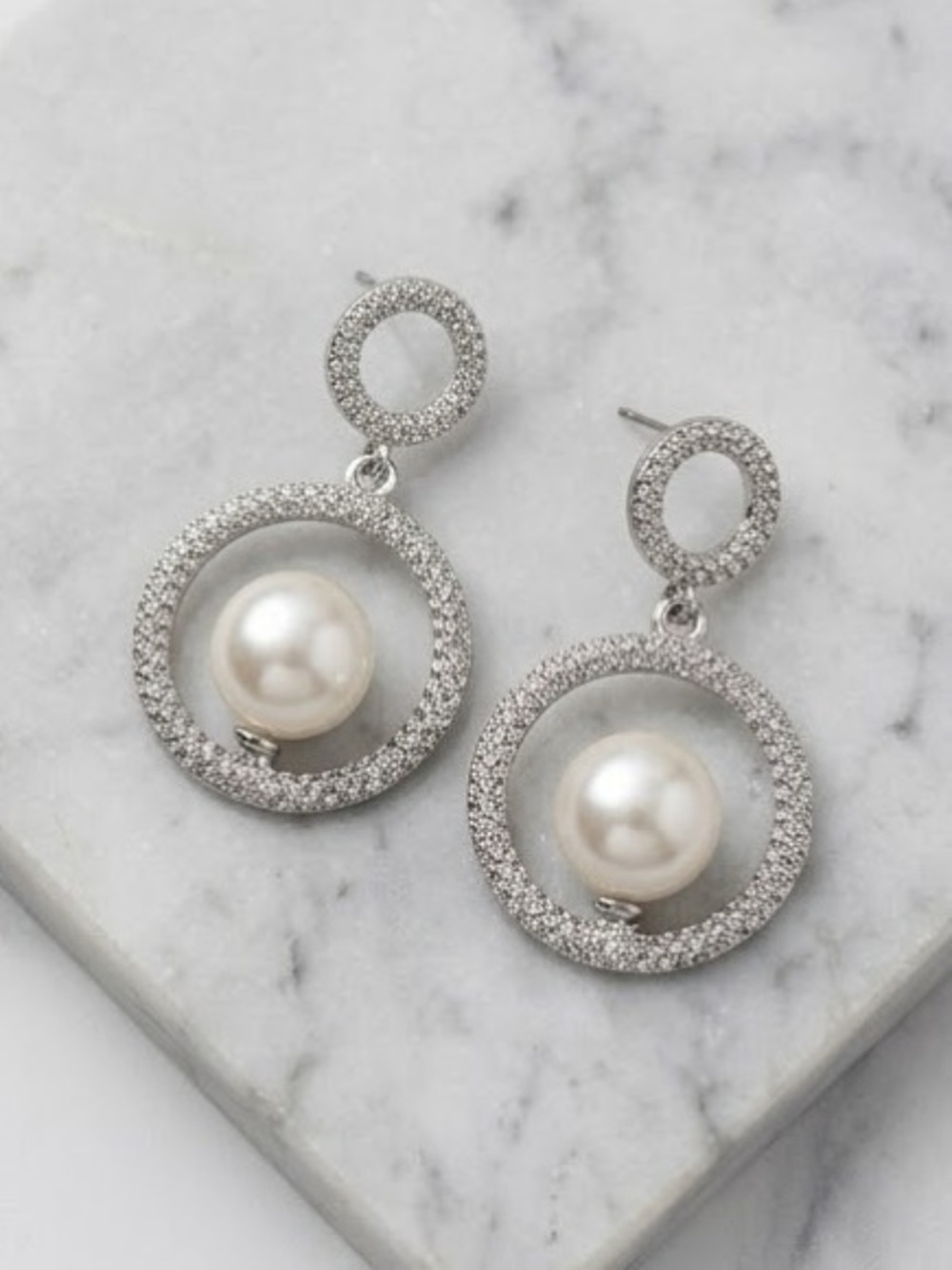 Silver-tone & Faux Pearl Circle Dangle Drop Statement Earrings